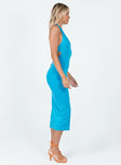 side view of model wearing Princess Polly Martina Midi Dress Blue 