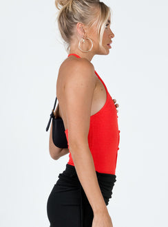 side view of model wearing Princess Polly Kallie Bodysuit Red Sleeveless Scoop Neck 
