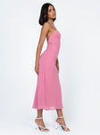 side view of model wearing Princess Polly Trudy Maxi Dress Pink Sweetheart Neckline 