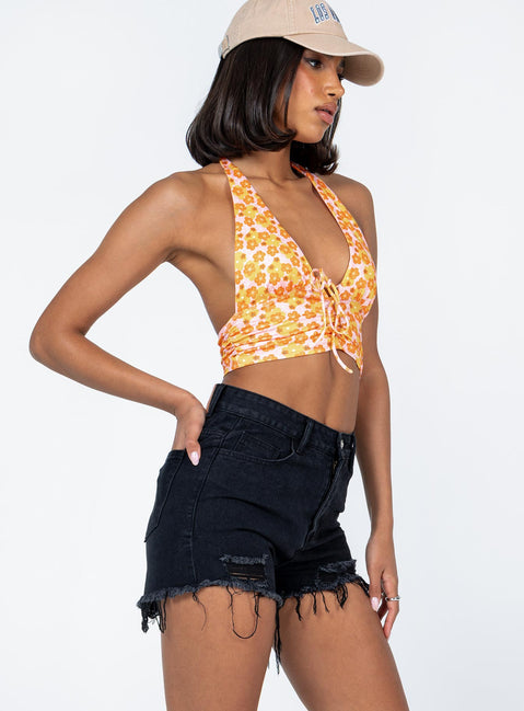 Black denim shorts High waisted  Zip & button fastening  Belt looped waist  Classic five pocket design  Distressed rips  Frayed hem 