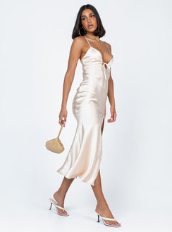 side view of model wearing Princess Polly Dominque Midi Dress Champagne Plunger 