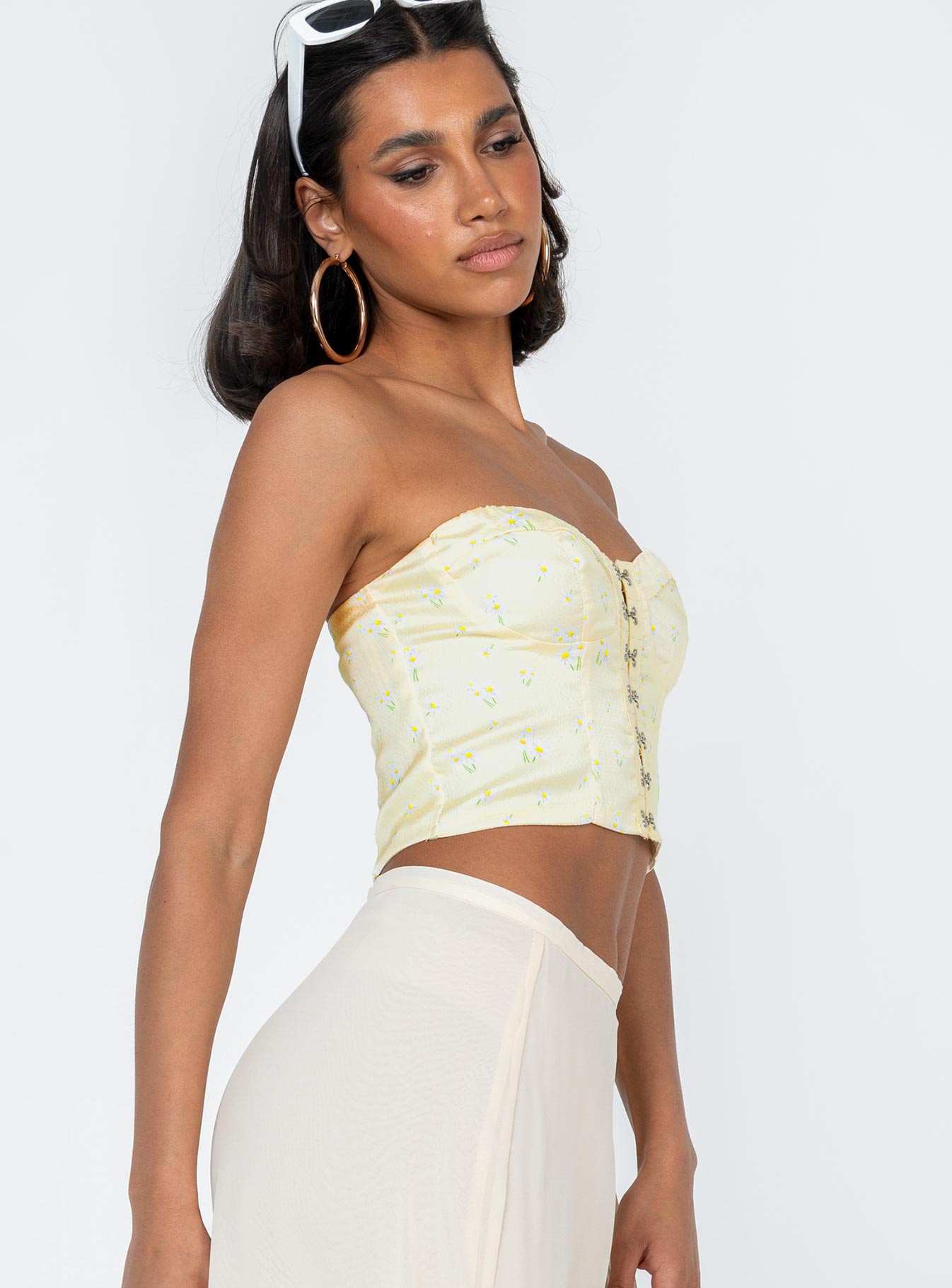 side view of model wearing Princess Polly Allyson Strapless Top Yellow Sleeveless Sweetheart 