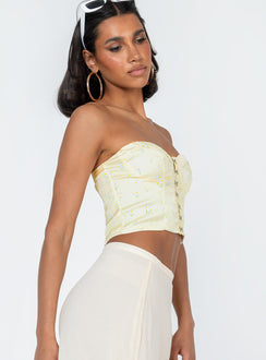 side view of model wearing Princess Polly Allyson Strapless Top Yellow Sleeveless Sweetheart 