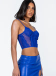Blue top Sheer mesh & lace material  Adjustable shoulder straps  Wired cups  Good stretch  Unlined 