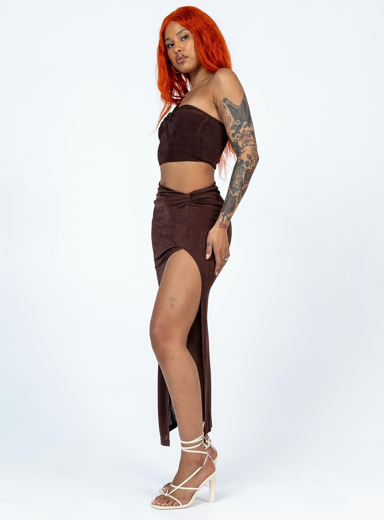   side view of model wearing Princess Polly Paisley Midi Skirt Brown Midi Skirts 