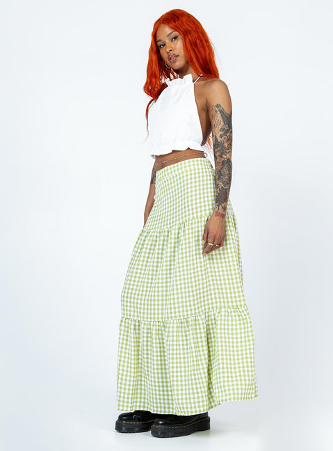   side view of model wearing Princess Polly Rebeccah Maxi Skirt Green Maxi 