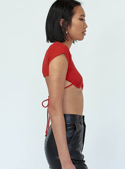 side view of model wearing Princess Polly Becca Short Sleeve Crop Top Red 