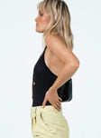 side view of model wearing Princess Polly Camino Bodysuit Black Sleeveless Plunger 