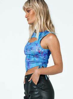 side view of model wearing Princess Polly The Ragged Priest Program Vest Lycra Blue 