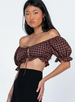front view of model wearing Princess Polly Avonsleigh Top Brown / Black 