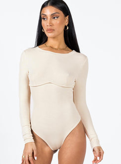 front view of model wearing Princess Polly Swenson Long Sleeve Bodysuit Beige Full Sleeves Crew Neck 