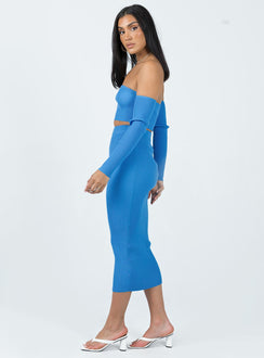 Matching set Ribbed material Long sleeve crop top Off the shoulder design Fixed sleeves at side Midi skirt Elasticated waistband