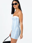 side view of model wearing Princess Polly Carano Mini Dress Blue Check Sweetheart Neckline 