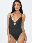 front view of model wearing Princess Polly Millery Bodysuit Black Sleeveless Plunger 