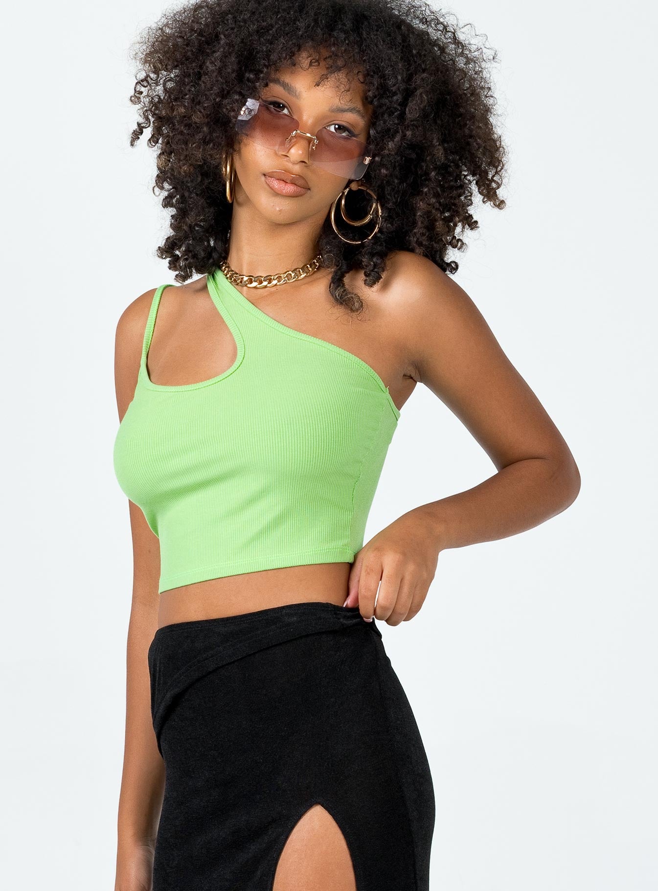 side view of model wearing Princess Polly Hutton Top Green Sleeveless Asymmetric Neckline 