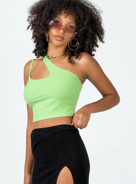 side view of model wearing Princess Polly Hutton Top Green Sleeveless Asymmetric Neckline 