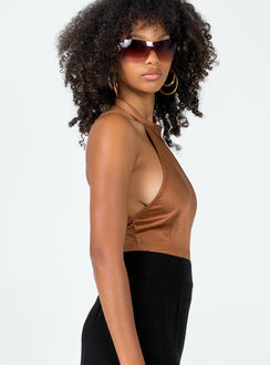 side view of model wearing Princess Polly Stanley Bodysuit Brown Sleeveless High Neck 