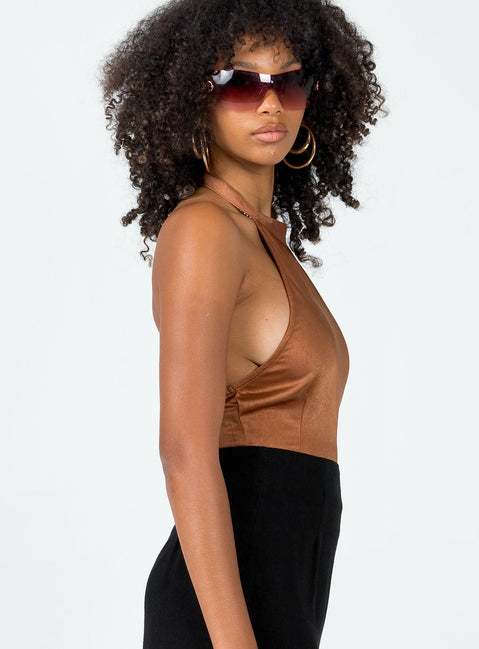 side view of model wearing Princess Polly Stanley Bodysuit Brown Sleeveless High Neck 