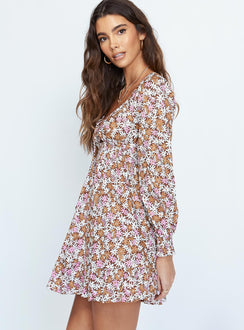 side view of model wearing Princess Polly Banson Mini Dress Brown 