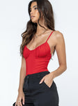 back view of model wearing Princess Polly Levey Bodysuit Red Sleeveless Scoop Neck 