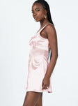 side view of model wearing Princess Polly Berlin Satin Mini Dress Pink Square Neck 