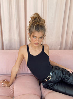 front view of model wearing Princess Polly Lindsey Bodysuit Black Sleeveless Scoop Neck 