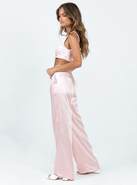 Matching set Silky material  Crop top Invisible zip fastening at side High waisted pants Wide relaxed leg Belt loops at waist Zip & button fastening
