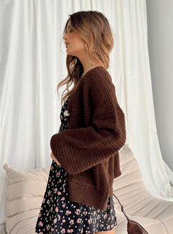 side view of model wearing Princess Polly Abel Cardigan Brown Long 