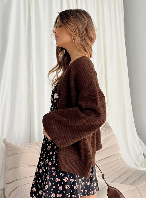side view of model wearing Princess Polly Abel Cardigan Brown Long 