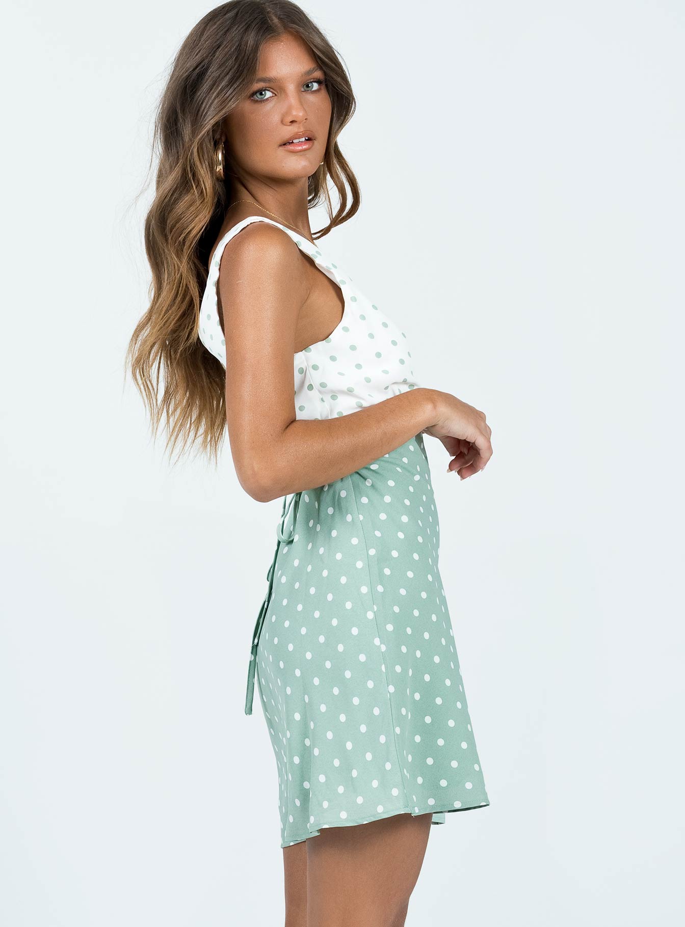 product Princess Polly Asymmetric Neckline  Nellie Mini Dress Mint Polka Dot