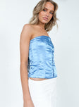 side view of model wearing Princess Polly Amabel Strapless Top Blue Sleeveless 