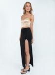   side view of model wearing Princess Polly Janice High Waist Slit Maxi Skirt Black Maxi 