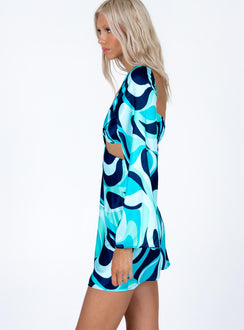 side view of model wearing Princess Polly Dominique Mini Dress Blue Multi 