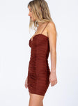 side view of model wearing Princess Polly I Want You Mini Dress Brown 