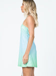 side view of model wearing Princess Polly Geo Mini Dress Blue / Green 