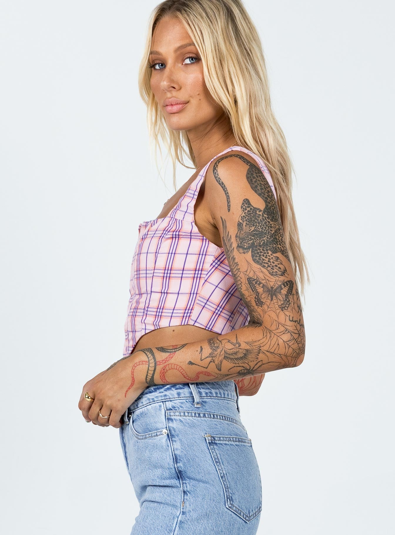 side view of model wearing Princess Polly Day Dreaming Top Pink Check 