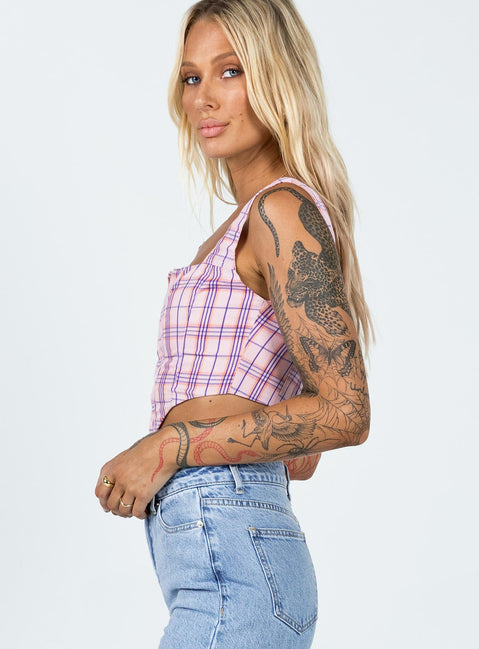 side view of model wearing Princess Polly Day Dreaming Top Pink Check 