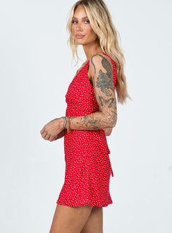 side view of model wearing Princess Polly Nellie Mini Dress Red Floral V-Neck 