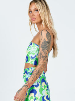 side view of model wearing Princess Polly Attwood Top Green Floral 