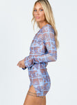 side view of model wearing Princess Polly Motel Nariko Mini Dress Photographic Blue 