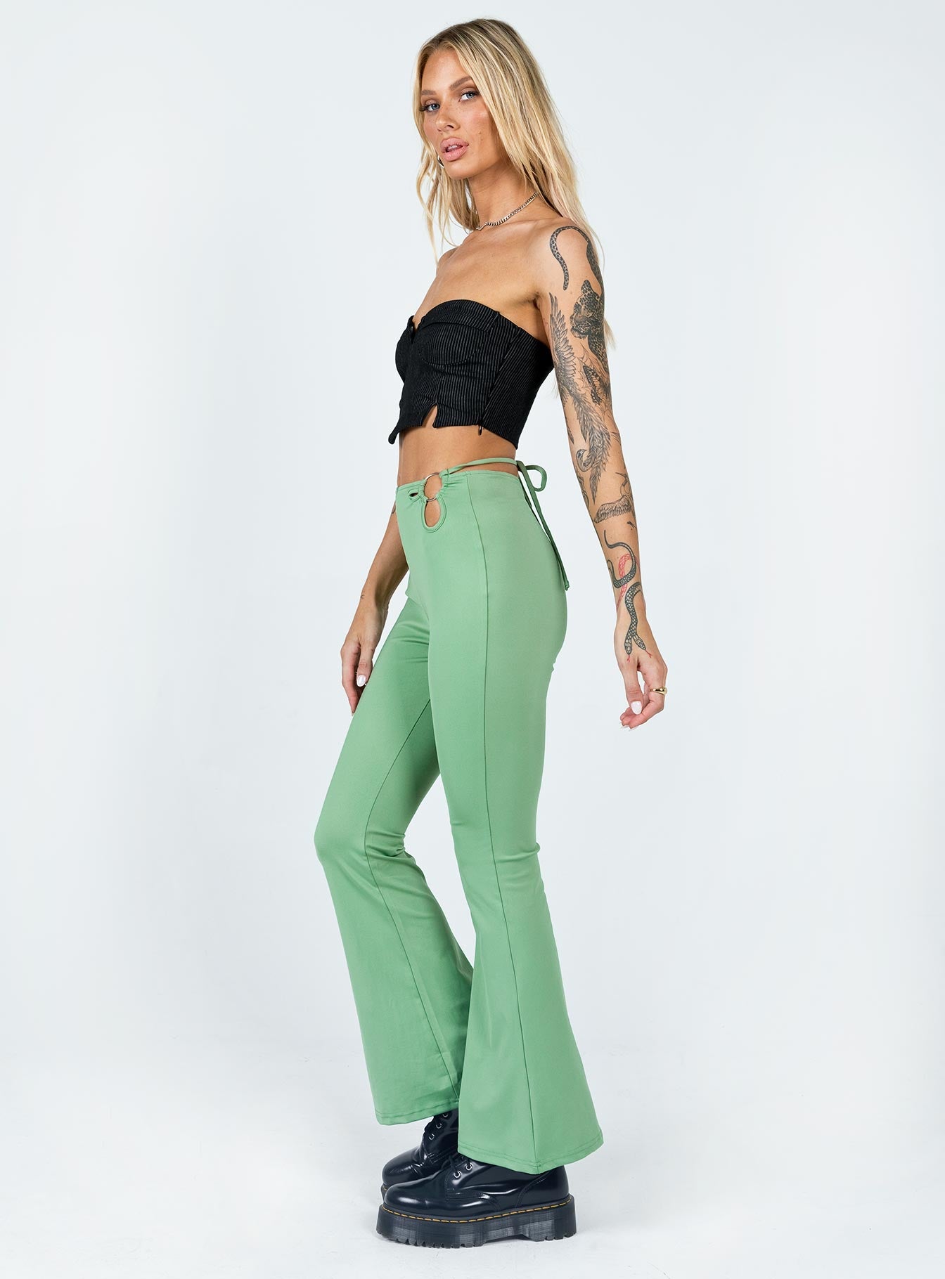 side view of model wearing Princess Polly Nancy Pants Sage 