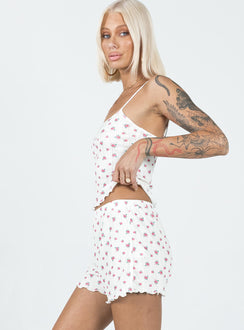 Matching set Floral print  Crop top Adjustable shoulder straps  Shorts  Elasticated waistband  Lettuce edge hem  Good stretch 