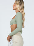 side view of model wearing Princess Polly Becca Long Sleeve Crop Top Sage 