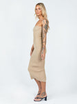 side view of model wearing Princess Polly Ethan Strapless Midi Dress Beige 