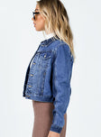 Denim jacket Dark wash denim  Contrast stitching  Classic collar  Button front fastening  Twin chest pockets  Single button cuff 