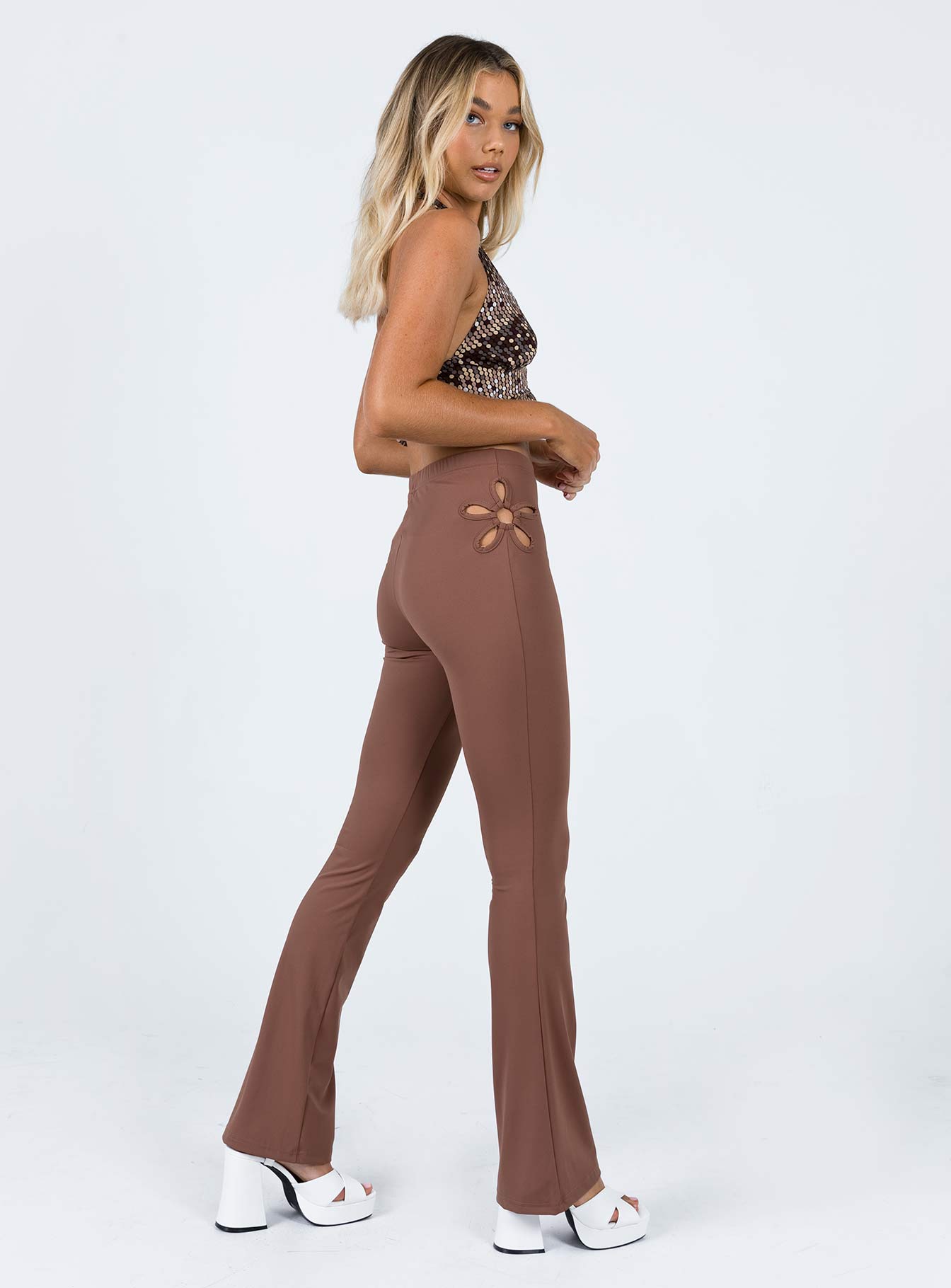 side view of model wearing Princess Polly Laken Pants Brown 