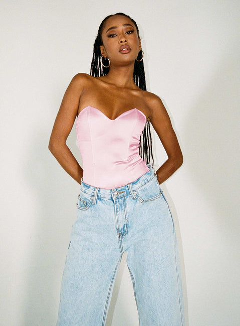 front view of model wearing Princess Polly Huttley Bodysuit Pink Sleeveless Sweetheart 