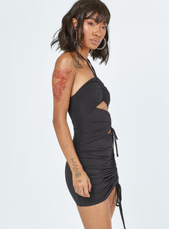 side view of model wearing Princess Polly Azaria Mini Dress Black 