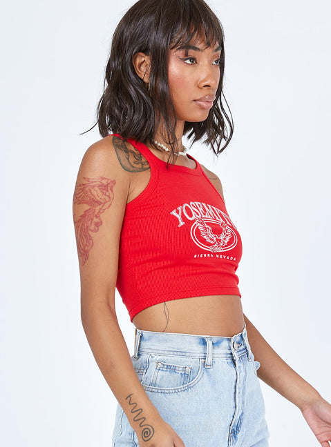 side view of model wearing Princess Polly Yosemite Tank Top Red 