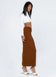   side view of model wearing Princess Polly Jones Maxi Skirt Brown 